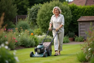 Femme utilisant une tondeuse manuelle à rouleau dans un jardin écologique fleuri sans tondeuse thermique