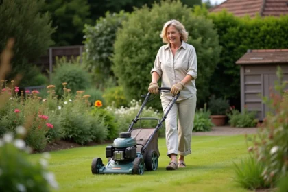 Femme utilisant une tondeuse manuelle à rouleau dans un jardin écologique fleuri sans tondeuse thermique