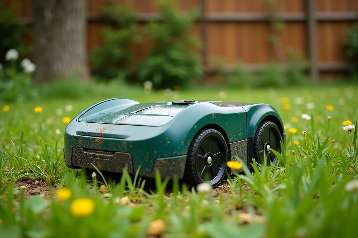 Tondeuse robot autonome dans un jardin naturel avec trèfle et fleurs sauvages comme alternative écologique sans thermique