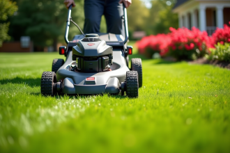 Jardin bien entretenu avec tonteuse électrique en action par une journée ensoleillée