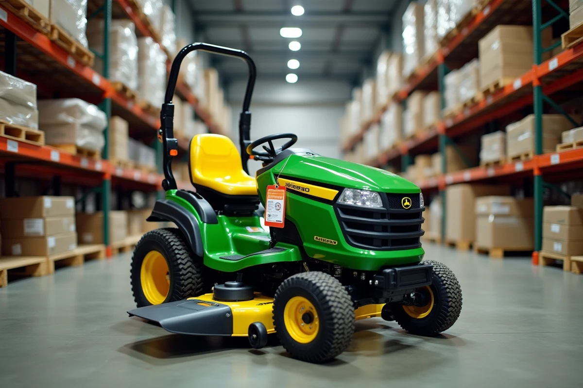 Tracteur tondeuse en promotion exposé dans un magasin de bricolage type Brico Dépôt