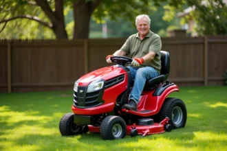 Homme utilisant un tracteur tondeuse dans un jardin de maison individuelle