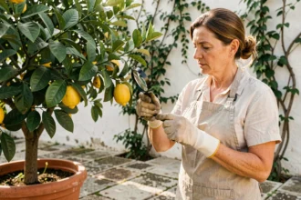 Femme inspectant les feuilles d'un citronnier en pot pour détecter la présence de cochenilles, dans un jardin méditerranéen