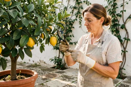Femme inspectant les feuilles d'un citronnier en pot pour détecter la présence de cochenilles, dans un jardin méditerranéen