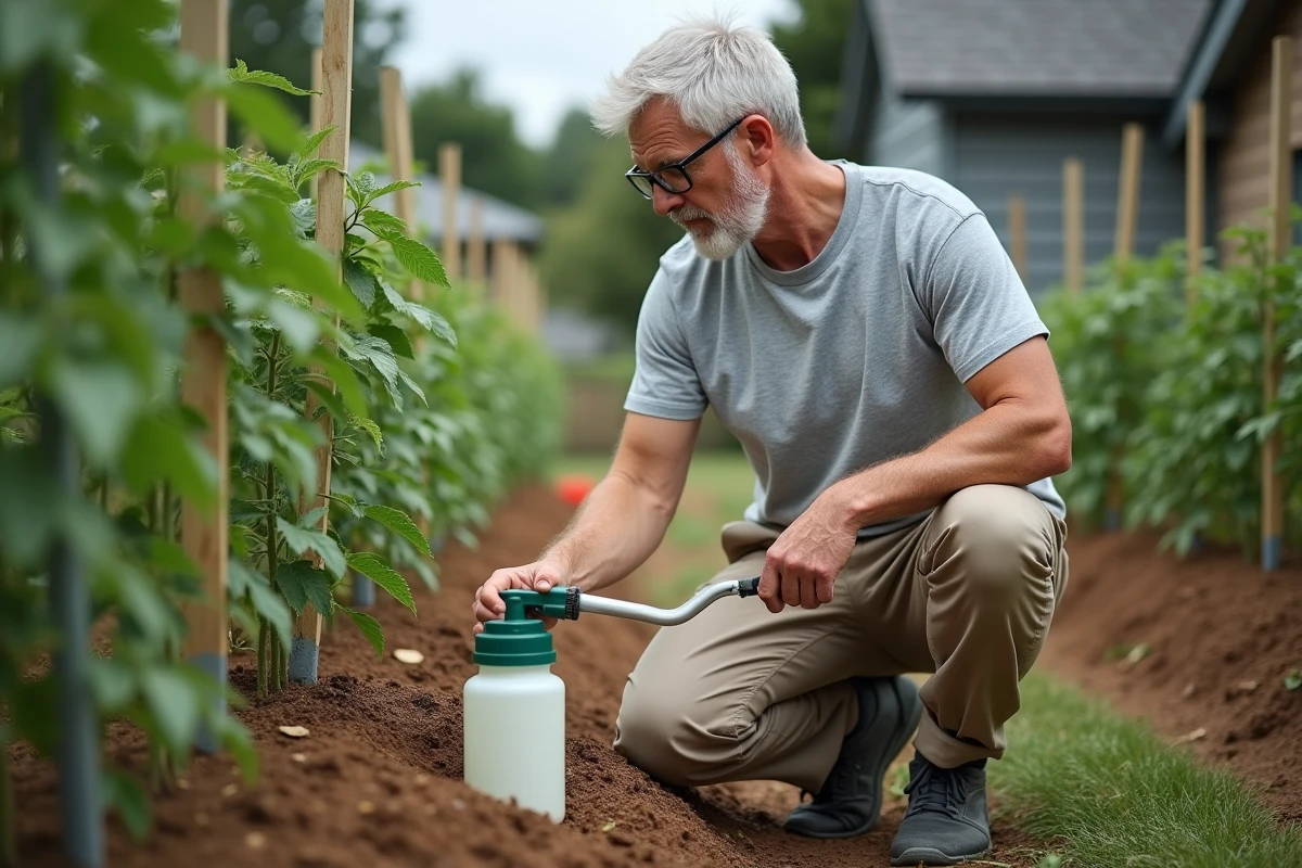 Jardinier appliquant un traitement préventif contre les taches noires sur des plants de tomates