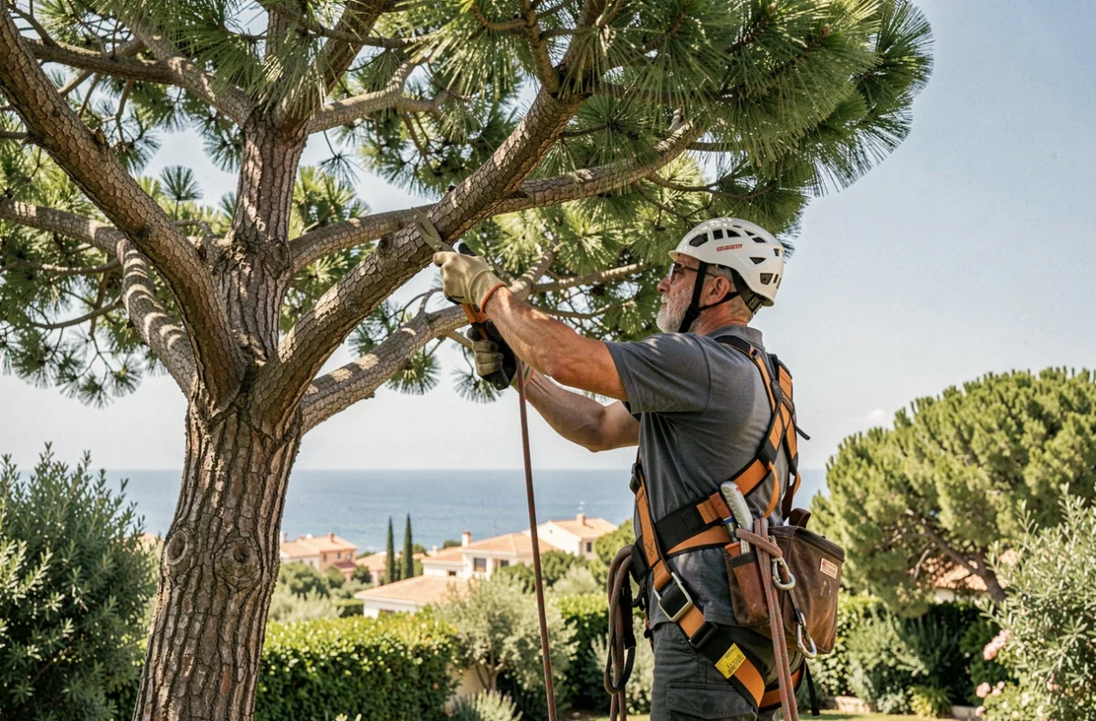 Élagueur de Vertuose Élagage en harnais de sécurité taillant un grand pin dans un jardin résidentiel à Marseille