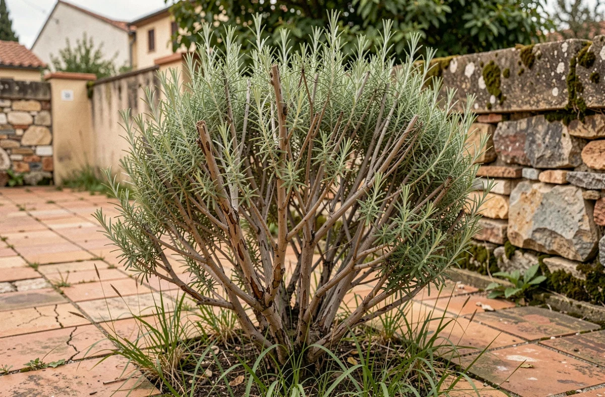 Vieux pied de romarin négligé et envahi dans un jardin, tiges ligneuses et feuillage clairsemé avant taille de régénération