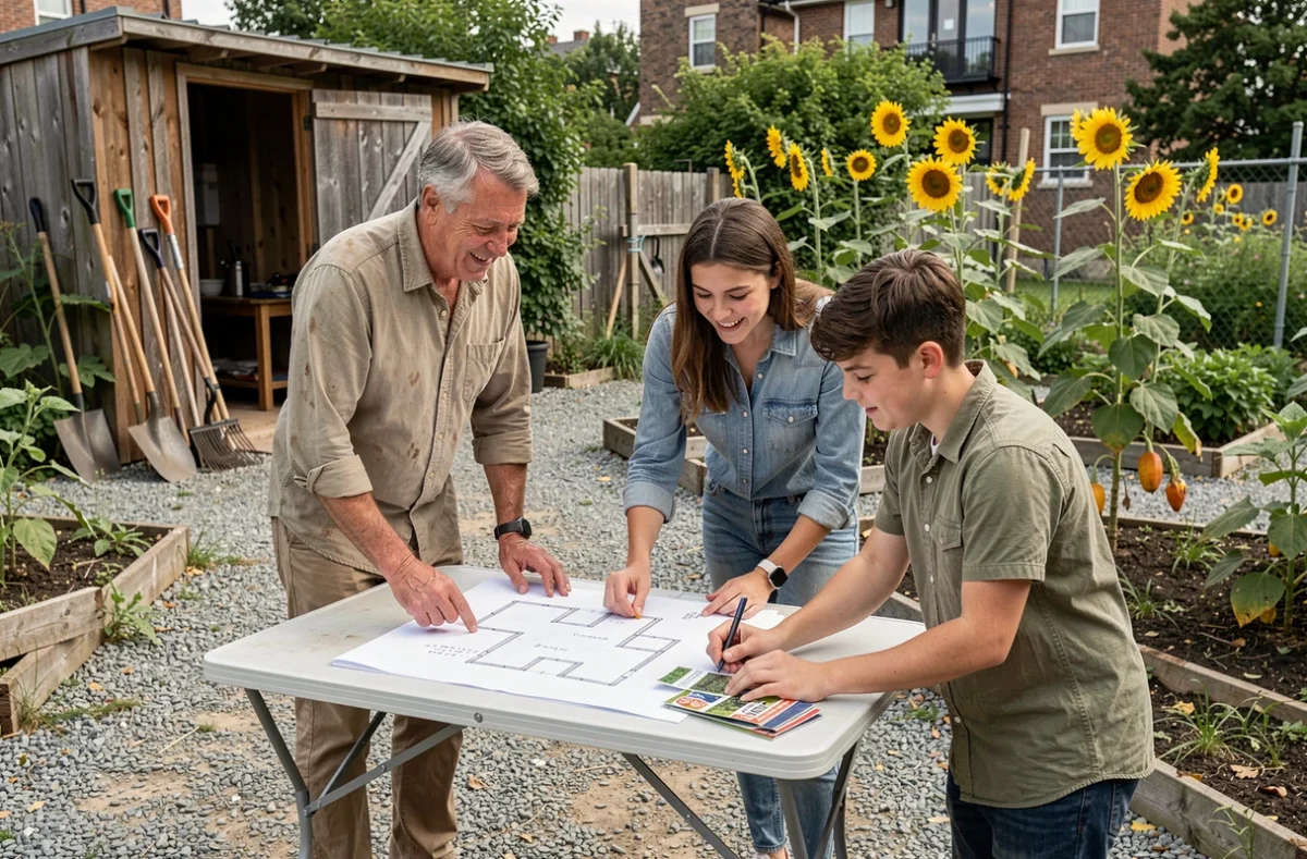 Groupe de voisins réunis autour de plans de jardinage dans un potager collectif de quartier