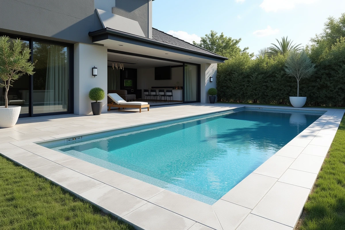 Vue d'ensemble d'une piscine coque avec margelles grises et terrasse en carrelage grand format installées dans un jardin moderne