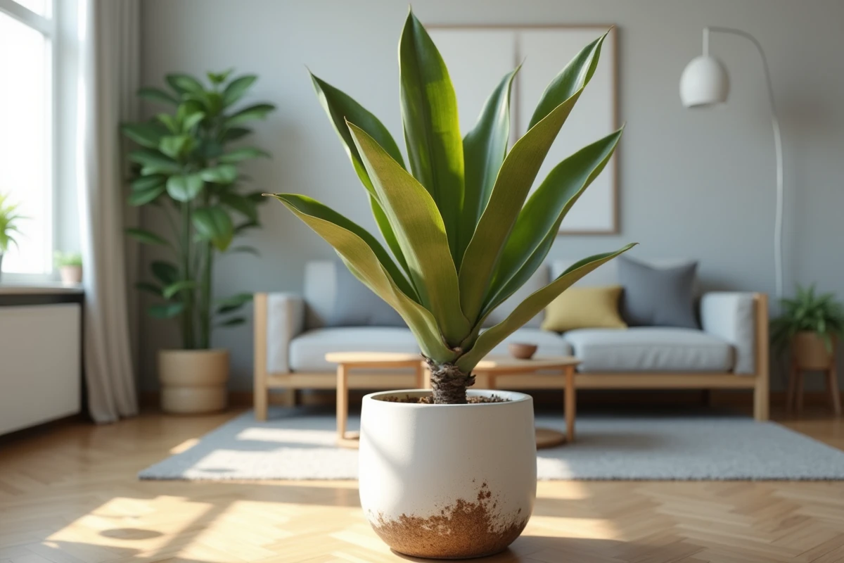 Yucca d'intérieur avec feuilles jaunissantes et base molle indiquant une pourriture racinaire dans un appartement moderne